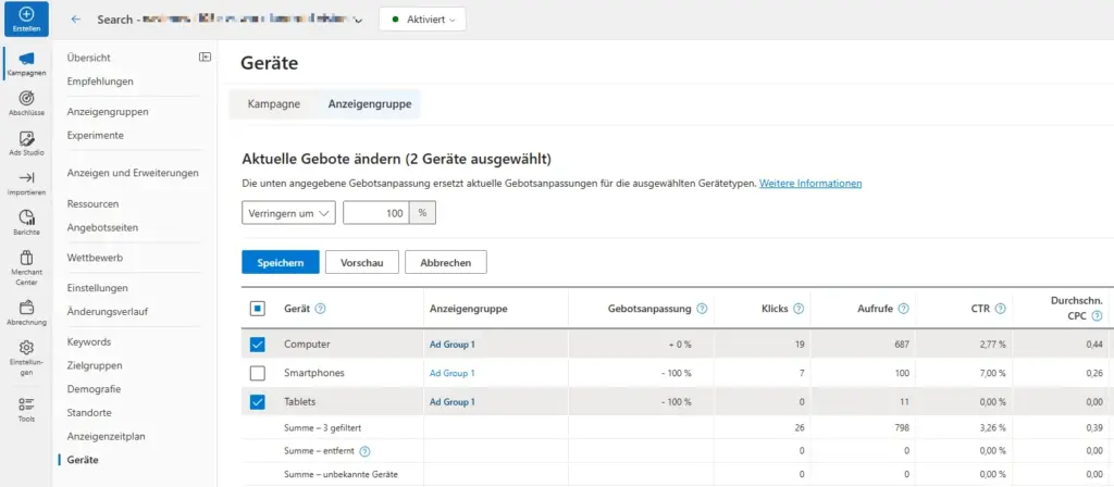 Microsoft Advertising (Bing Ads): Geräteanpassung festlegen, um Anzeigen nur auf bestimmten Endgeräten auszuspielen