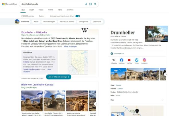 Screenshot: Bing-Suche nach Drumheller Kanada