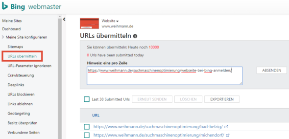 Bing Webmaster Tools: URLs übermitteln