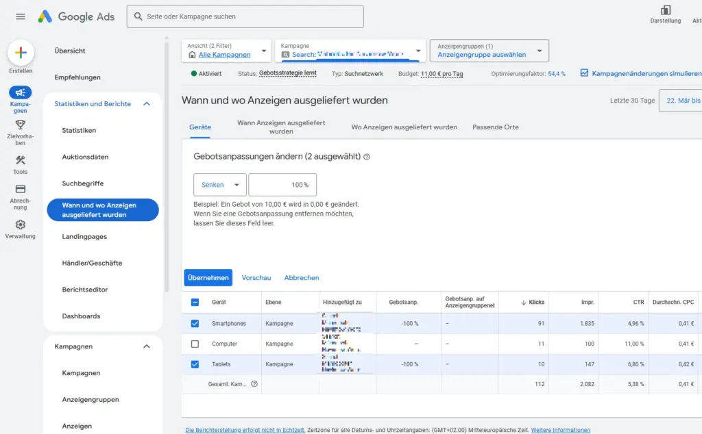 Google Ads: Gebotsanpassung ändern, um Anzeigen nur auf bestimmten Endgeräten auszuspielen (Screenshot)
