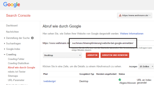 Google Search Console - URL an Index senden