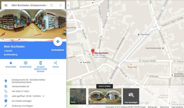 Google Maps Eintrag mit 360° Panorama: Mein Buchladen in Köthen