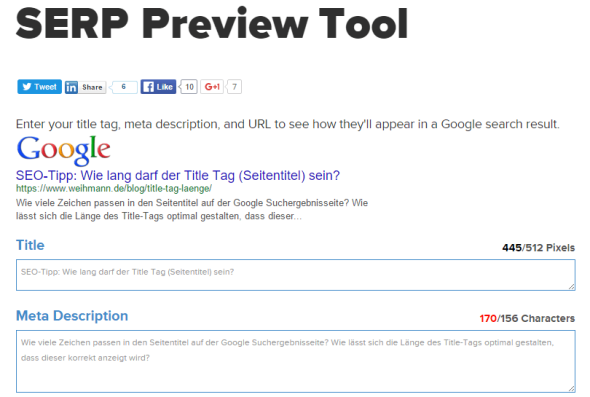 Portent SERP Preview Tool, hier noch mit der alten Breite von max. 512 Pixel (seit Mai 2016 sind es 600 Pixel)