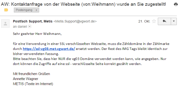 VG Wort - Antwort zum Problem SSL und Zählmarke