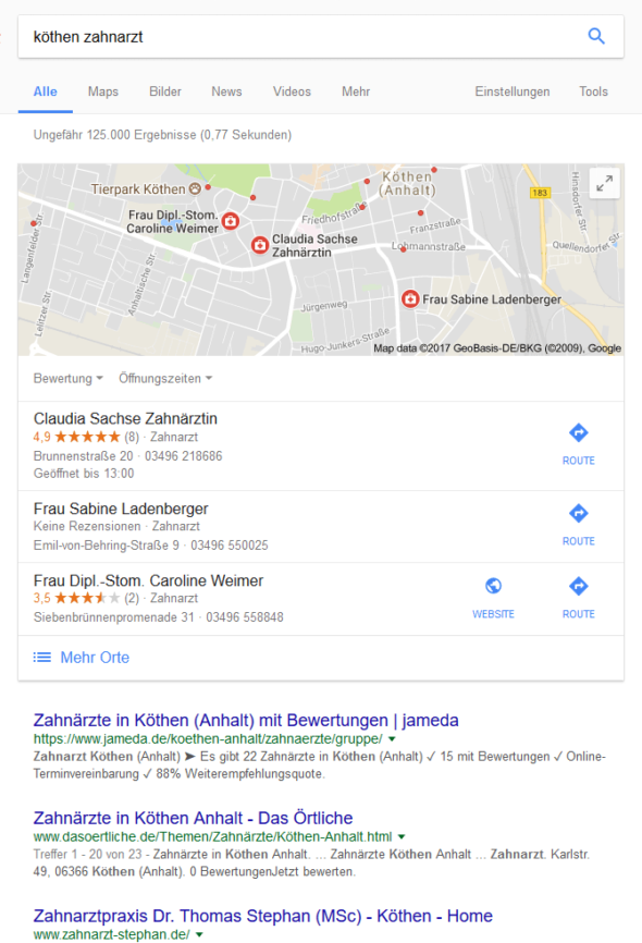 Google-Suche nach: Zahnarzt Köthen