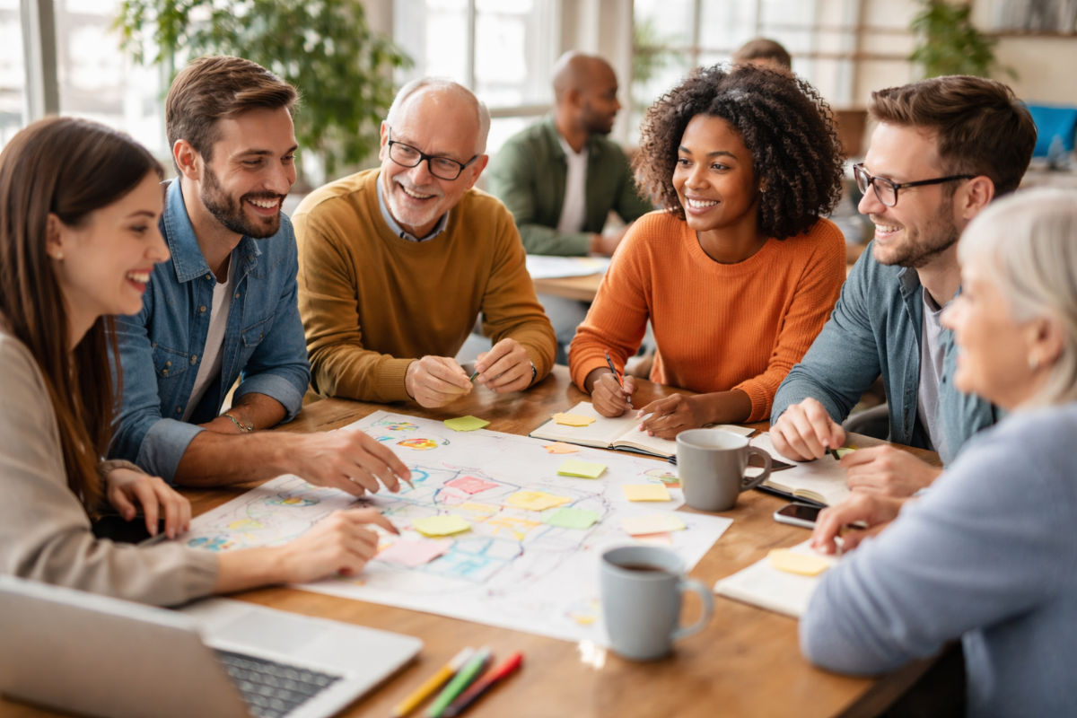 Menschen unterschiedlicher Generationen sitzen an einem Tisch und entscheiden gemeinsam über Ideen und Projekte