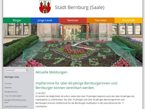 Screenshot: Homepage Stadt Bernburg 