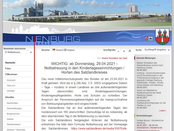 Screenshot: Homepage Stadt Nienburg 